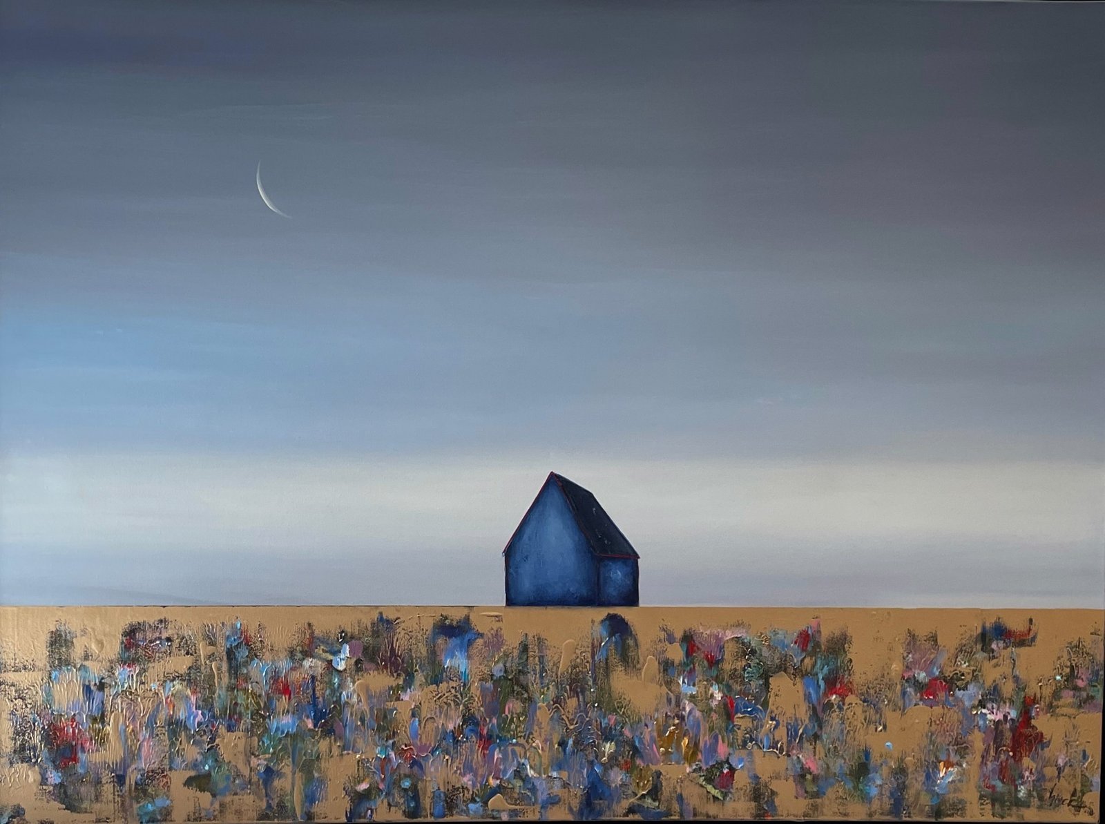 In Golden Fields Blue Barn Crescent Moon by  Marketa Sivek